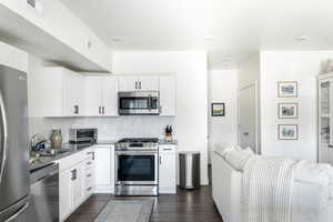 Kitchen featuring white cabinetry, appliances with stainless steel finishes, tasteful backsplash, dark wood-type flooring, and sink