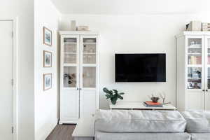 Living room with dark hardwood / wood-style flooring