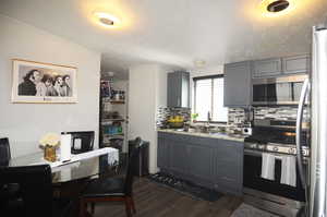 Kitchen with appliances with stainless steel finishes, dark hardwood / wood-style flooring, sink, backsplash, and gray cabinetry