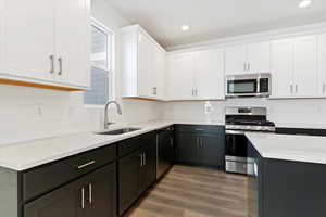 Kitchen with white cabinetry, dark hardwood / wood-style flooring, stainless steel appliances, tasteful backsplash, and sink