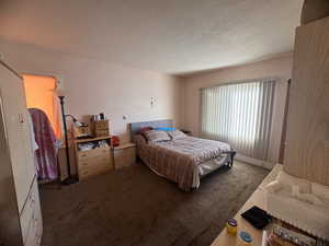 Bedroom with dark carpet and a textured ceiling