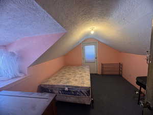 Carpeted bedroom with a textured ceiling and vaulted ceiling