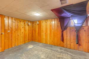 Basement featuring wooden walls