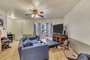 Living room with ceiling fan, light hardwood / wood-style flooring, crown molding, and a textured ceiling