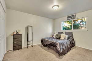 Carpeted bedroom featuring a closet and a textured ceiling