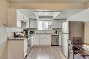 Kitchen featuring crown molding, a raised ceiling, sink, white cabinetry, and stainless steel appliances