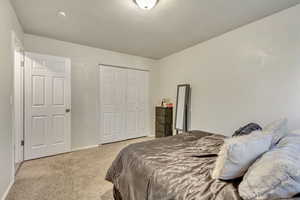 Bedroom featuring a closet and light carpet