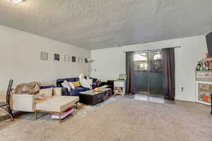 Carpeted living room with a textured ceiling