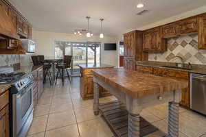 Kitchen with appliances with stainless steel finishes, hanging light fixtures, decorative backsplash, sink, and a kitchen island