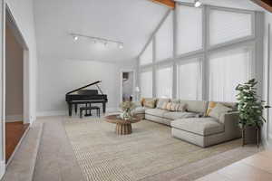 Tiled living room with high vaulted ceiling, rail lighting, and beamed ceiling