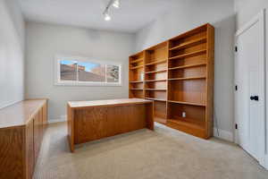 Unfurnished office featuring rail lighting and light colored carpet