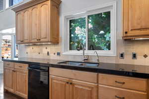 Kitchen with black dishwasher, sink, and decorative backsplash