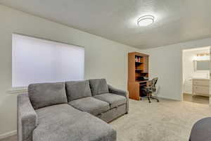 Living room with a textured ceiling and light carpet