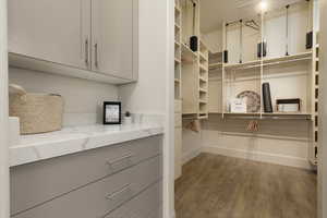 Spacious closet featuring dark hardwood / wood-style floors