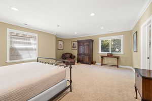 Carpeted bedroom featuring ornamental molding