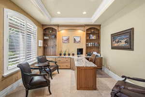 Home office featuring built in features, a raised ceiling, and plenty of natural light