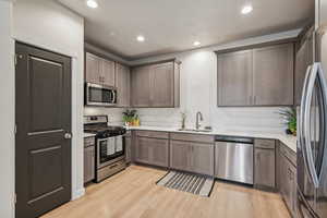 Kitchen featuring sink, light wood-style floors, appliances with stainless steel finishes, and iron ore colored pantry door.