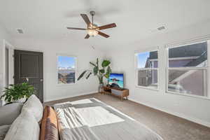 Carpeted primary bedroom with ceiling fan and vaulted ceiling