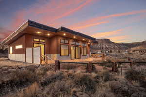 Exterior space featuring a mountain view and a patio