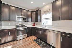 Kitchen with light hardwood / wood-style floors, appliances with stainless steel finishes, tasteful backsplash, sink, and dark brown cabinets