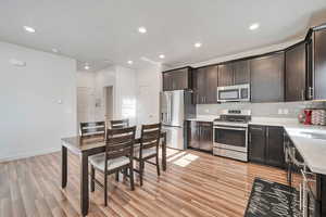 Kitchen with backsplash, light hardwood / wood-style floors, dark brown cabinetry, and appliances with stainless steel finishes