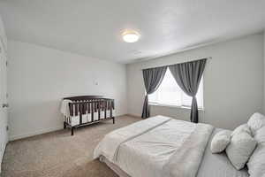 Bedroom with light colored carpet and a textured ceiling