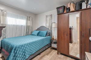 Bedroom with light hardwood / wood-style flooring