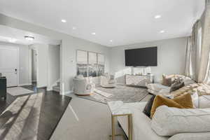 Living room featuring dark wood-type flooring