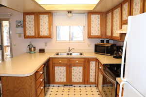 Kitchen featuring sink, stainless steel appliances, kitchen peninsula, and wall chimney exhaust hood