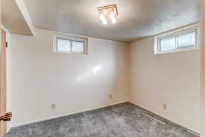 Basement featuring plenty of natural light, dark carpet, and a textured ceiling