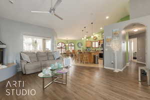 Living room with vaulted ceiling, ceiling fan, and dark wood-type flooring