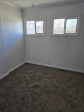 Carpeted spare room featuring crown molding and a healthy amount of sunlight