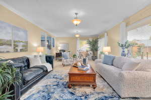 Living room with a wealth of natural light, carpet flooring, and crown molding