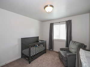 Carpeted bedroom with a nursery area