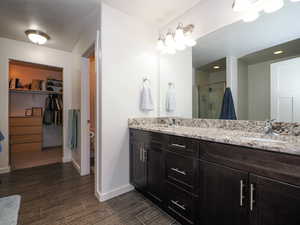 Bathroom with a shower with shower door and vanity