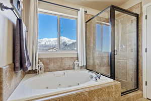 Bathroom featuring a mountain view and plus walk in shower