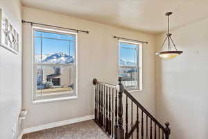 Corridor featuring a mountain view and carpet floors