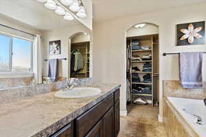 Bathroom with vanity and tiled bath