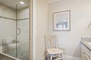 Bathroom with vanity, toilet, and a shower with shower door