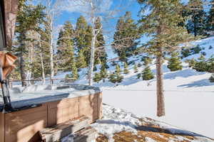 Snowy yard featuring a hot tub