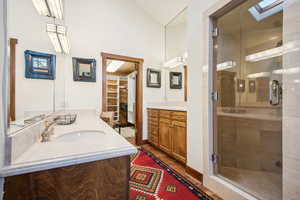 Bathroom featuring vanity, a skylight, and a shower with door