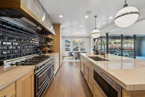 Kitchen featuring dark wood-type flooring, sink, pendant lighting, and stainless steel appliances