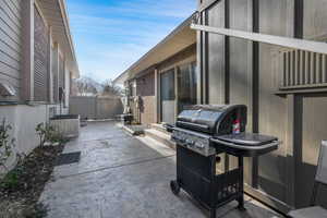 View of patio with grilling area to the East, access from the dinning area