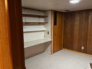 Basement featuring light carpet and wood walls