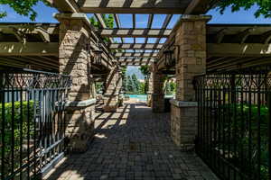 View of patio / terrace featuring a fenced in pool and a pergola