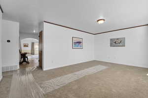 Carpeted spare room with crown molding