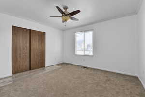 Unfurnished bedroom with crown molding, carpet floors, a closet, and ceiling fan