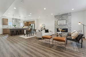 Living room with dark hardwood / wood-style floors, a fireplace, and sink