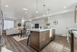 Kitchen with dark wood-type flooring, appliances with stainless steel finishes, sink, and a kitchen island with sink