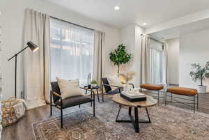 Living area with dark hardwood / wood-style floors